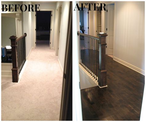 Life Love Larson: Completed Hardwoods in Hallway & Landing Hardwood Floors Upstairs Hallway, Hardwood Floors In Hallway, Wood Hallway Carpet Bedroom, Hardwood Stairs To Carpet Transition, Second Floor Carpet Ideas, Hardwood Hallway Carpet Bedroom, Upstairs Hallway Flooring Ideas, Stylish Stairs, Upstairs Carpet