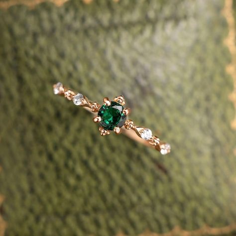 Vintage Emerald Diamonds Ring in 14K Gold Dainty Minimalist Stackable Ring Timeless Engagement Ring Handmade Jewelry Gift for Her - Etsy Gold And Green Rings Aesthetic, Dainty Emerald Engagement Ring, Promos Rings, Green Promise Ring, Stackable Engagement Rings, Emerald Promise Ring, Stackable Engagement Ring, Timeless Engagement Ring, Dainty Engagement Rings