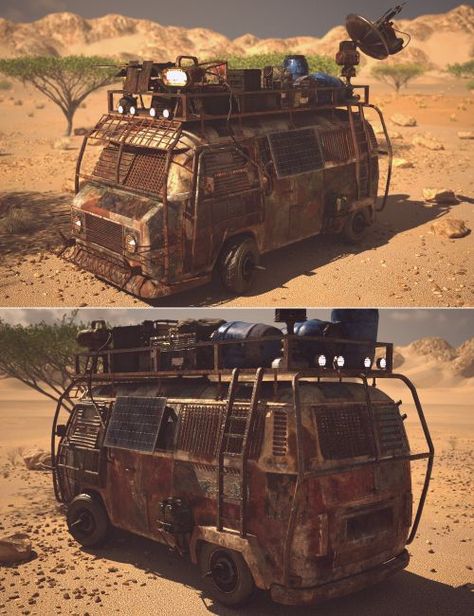 XI Post Apocalyptic Camper Van | 3d Models for Daz Studio and Poser Inktober Ideas, Land Transport, Classic Campers, Yellow Textures, Daz Studio, Water Containers, Post Apocalypse, Emergency Lighting, Flood Lights