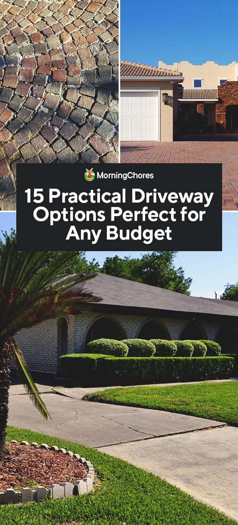 If you're looking for different driveway options to give your house a new look, we have 15 options to help you pick the right design for you & your budget. Driveway Backyard Ideas, Courtyard Driveway Ideas, Stone Parking Area, Diy Cobblestone Driveway, Driveway Layout Ideas, Large Driveway Landscaping, Backyard Parking Ideas, Unique Driveway Ideas, Driveways Ideas Concrete