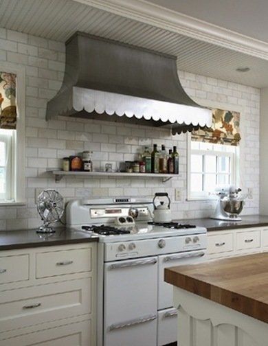 range hood ideas scalloped - Range Hood Ideas - 10 Smokin' Hot Designs - Bob Vila Vintage Stoves, Kitchen White, Kitchen Hoods, Kitchen Stove, White Countertops, Range Hoods, Trendy Kitchen, Kitchen Paint, Painting Kitchen Cabinets