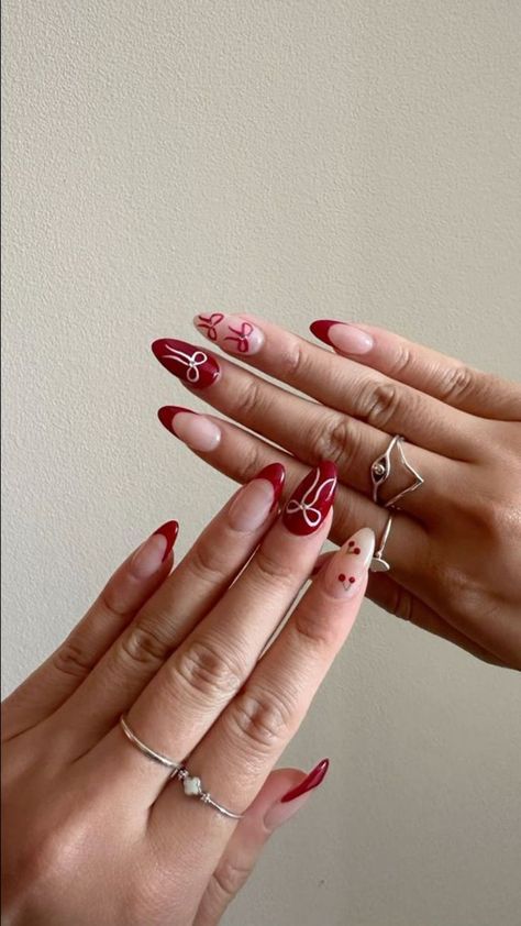 Red Wine French Tip, Nail Inspo Dark, Red Nails Cherry, Nails Cherry Red, Cherry Wine Nails, Festive Holiday Nails, Deep Red Nails, Dark Red Nails, Wine Nails