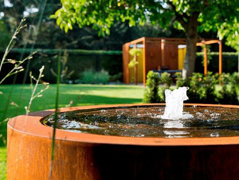 Corten Steel Garden Products · Superb Designs · UK Delivery Round Water Fountain, Garden Water Pump, Corten Steel Planters, Water Tables, Weathering Steel, Steel Planters, Water Table, Garden Products, Garden Fountains