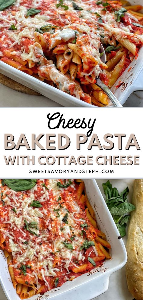 Baked Rigatoni With Cottage Cheese, Baked Ziti With Ground Beef And Cottage Cheese, Healthy Cheesy Pasta Recipes, Baked Pasta Cottage Cheese, Pasta Bake Cottage Cheese, Pasta With Cottage Cheese Easy Recipes, Cottage Cheese Noodle Bake, Cheesy Protein Pasta, Cottage Cheese In Pasta