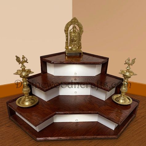 The Divine Wood N Crafts manufacturer of designer wooden Mandirs for home brings to you classical wooden Mandir in a Contemporary finish and style. This unique V-shaped Corner Pooja unit will suit the Clients who are looking for Mandir that doesnt take much space as well as look stylish in the Corner of the wall. It also comes with small storage, and can be moved around the house as the occasion demands. The below specifications will be included in the Base Price of the Temple. Material Used: Hi Wooden Temple For Home Interior Design, Corner Pooja Unit In Living Room, Pooja Shelf, Pooja Design, Pooja Unit, Pooja Decor, Antique Knobs, House Ceiling, Wooden Temple