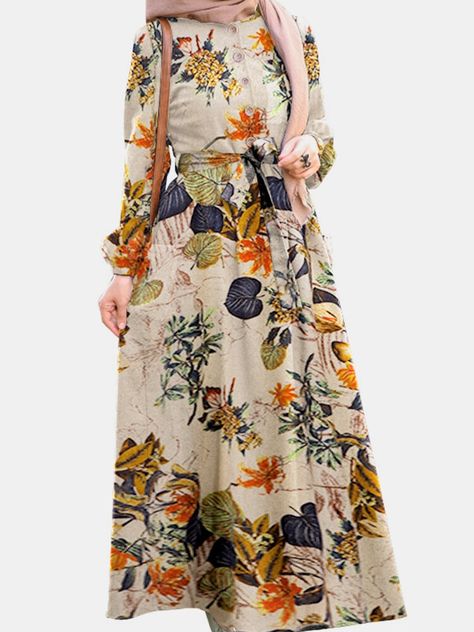 Round Collar Dress, Muslim Dresses, Cheap Summer Dresses, Muslim Dress, Maxi Robes, Vintage Maxi Dress, Dress Yellow, Women Maxi, Floral Midi Dress