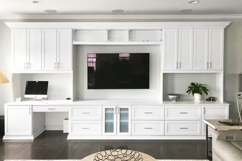 Desk Wall Unit, Craft Storage Cabinets, Built In Entertainment Center, Built In Shelves Living Room, Storage Center, Living Room Wall Units, Living Room Built Ins, Living Room Entertainment Center, Entertainment Wall