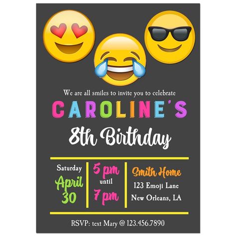 Emoji Party Invitation by That Party Chick Pastel Emojis, Emoji Party Invitations, Emoji Invitations, Emoji Birthday Party, Emoji Party, Emoji Birthday, Custom Party, 8th Birthday, 7th Birthday