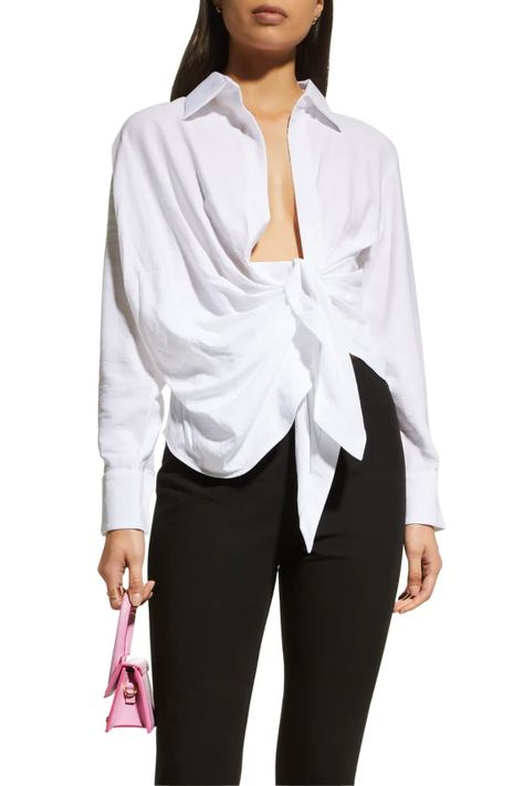 Draped Shirt, Shirt Styles, Celebrity Outfits, Top Designers, White Shirt, Neiman Marcus, Shirt Style, Bell Sleeve Top, Tops Designs