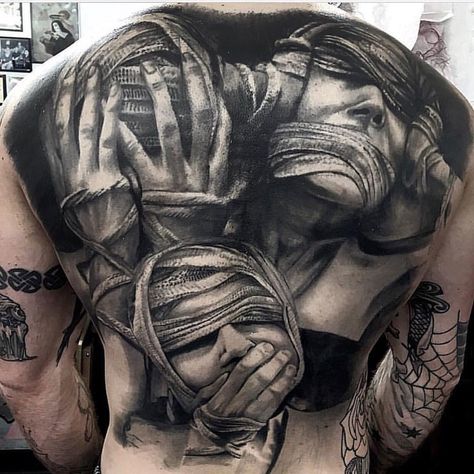 See no Evil, Hear no Evil, Speak no Evil, Full Back | Best tattoo design ideas No Evil Tattoo, Tatuaje Trash Polka, Evil Tattoo, Gangsta Tattoos, Evil Tattoos, Full Back Tattoos, Hear No Evil, Speak No Evil, Back Tattoos For Guys