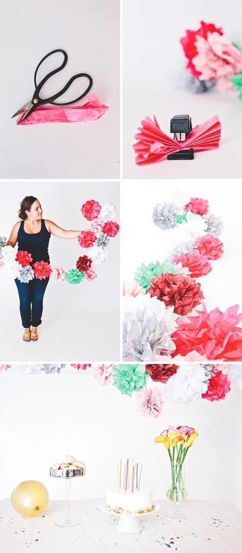 Tissue Paper Flower Garland, Pompon Tulle, Paper Flower Garland, Paper Flower Garlands, Tissue Flowers, Making Flowers, Tissue Paper Flowers, Flower Garland, Things To Make