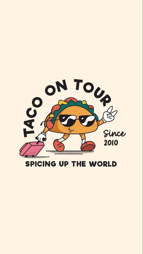 Logo design for TACO ON TOUR | Mascot character design | Mascot logo | Primary logo  Feeling the retro vibe? 😎 Loving this design? 😍 Want more? Head over to the link above now! Don't miss out! 🚀#RetroMascot #RetroMascotLogo Retro Taco Illustration, Taco Shop Logo, Taco Food Truck Design, Taco Character Design, Taco Restaurant Logo, Taco Aesthetic Wallpaper, Taco Logo Ideas, Merch Logo Ideas, Food Truck Logo Ideas