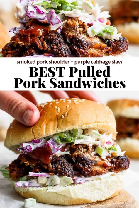 Pulled Pork Sandwiches - a delicious, flavorful pulled pork sandwich recipe with smoked pulled pork and fresh coleslaw! #pulledporksandwiches #pulledporksandwicheswithcoleslaw #pulledporksandwichescrockpot #pulledporksandwichesforacrowd #pulledporksandwicheseasy Pulled Pork With Coleslaw Sandwich, Carolina Pulled Pork Sandwiches, Pulled Pork Sloppy Joes, Pulled Pork Sandwiches Recipe, Pulled Pork Sandwiches With Coleslaw, Smoked Pork Sandwiches, Smoked Pulled Pork Sandwiches, Pull Pork Sandwich Recipes, Slaw For Pulled Pork Sandwiches