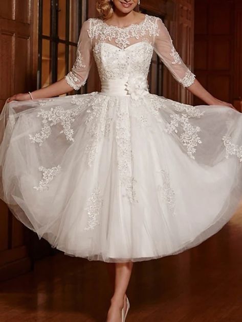 A-Line Wedding Dresses Jewel Neck Ankle Length Lace Tulle 3/4 Length Sleeve Vintage 1950s with Appliques 2022 2022 - US $144.39 Jeweled Wedding Dress, Wedding Dresses A Line, Tea Length Wedding, Cheap Wedding Dresses Online, Tea Length Wedding Dress, Lace Bridal Gown, Shower Dresses, Vestidos Vintage, Linnet