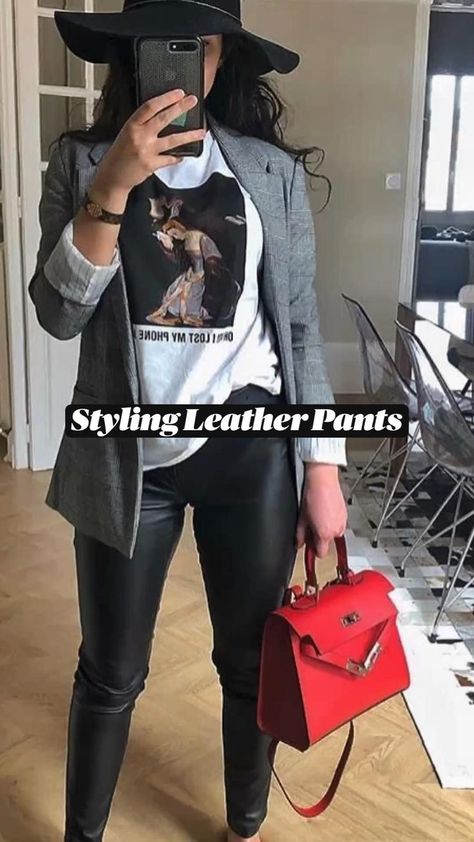 Leather Leggings And Jordans Outfit, Sweatshirt And Faux Leather Leggings, Silk Blouse Leather Leggings, All Black Outfit Colorful Shoes, How To Style Black Faux Leather Leggings, Leather Leggins Casual Outfit, Urban Outfits For Women Classy, Black White And Gold Outfit Casual, Cute Winter/spring Outfits