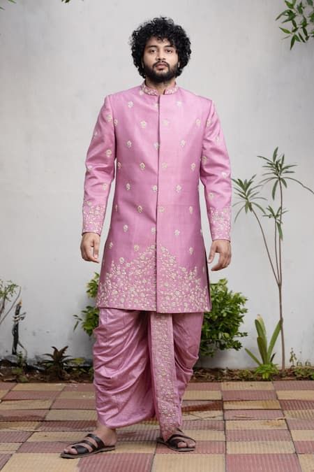 Sherwani Dhoti Wedding, Dhoti Salwar Suits Men, Designer Silk Sherwani With Traditional Drape, Silk Sherwani With Traditional Drape For Diwali, Silk Sherwani With Zari Work And Traditional Drape, Silk Sherwani With Zari Work For Traditional Ceremonies, Designer Silk Bandhgala With Traditional Drape, Silk Sherwani With Traditional Drape For Ceremonial Occasions, Silk Sherwani For Traditional Ceremonies And Festivals