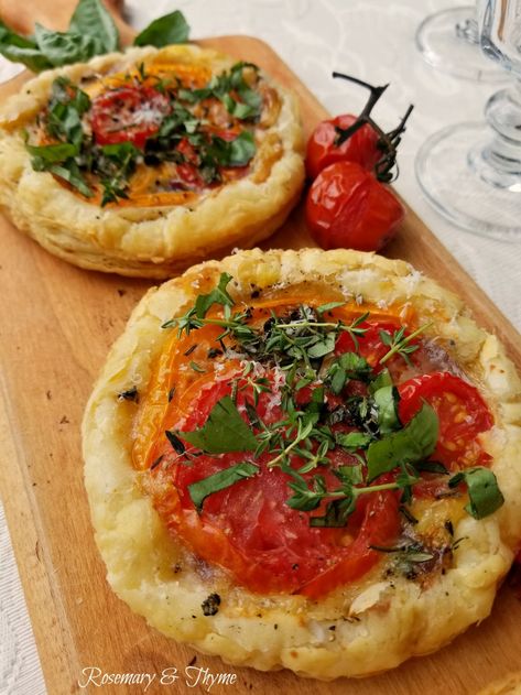 Puff Pastry Individual Tomato Tarts Tart Puff Pastry, Tomato Tart Puff Pastry, Garlic Breads, Spring Solstice, Tomato Tarts, Puff Pastry Recipes Savory, Savory Puff Pastry, Pastry Puff, Savoury Tarts