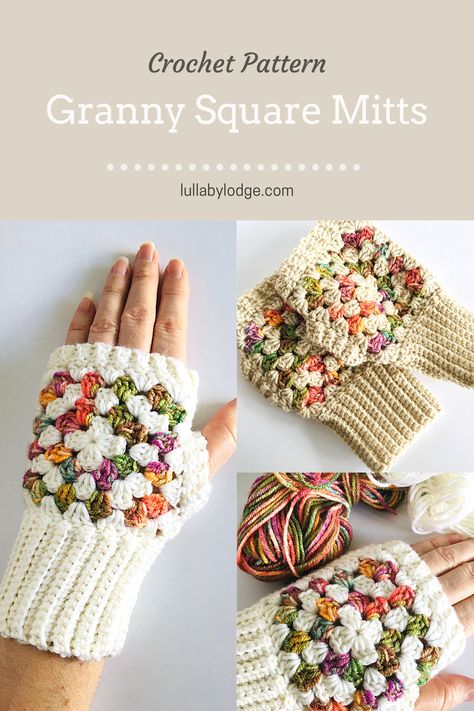 Wear your squares with this free fingerless gloves pattern by Lullaby Lodge. Make a great gift for any occasion... Crochet Gloves Granny Square, Granny Square Wrist Warmers Free Pattern, Crochet Cold Weather Items, Granny Square Gloves Pattern, Free Christmas Granny Square Patterns, Granny Square Winter Hat, Crochet Glove Patterns Free, Crochet Granny Square Slippers Free Pattern, Fingerless Mitts Crochet Pattern Free