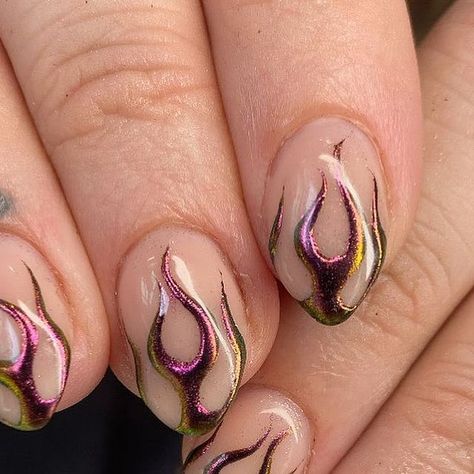 Natasha on Instagram: "Two tone chrome flames 🤩🔥 @magpie_beauty chrome powder" Black Chrome Flame Nails, Chrome Fire Nails, Chrome Flame Nails Designs, Chrome Flame Nails, Velvet Gown Design, Rave Nails, Nail Art Printer, Flame Nails, Flame Nail Art