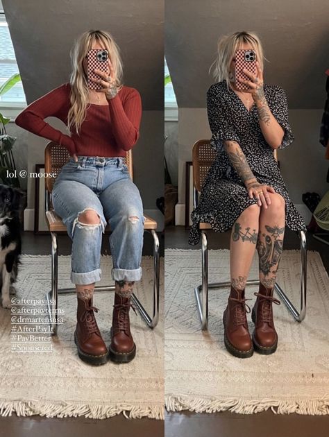 Fall Fashion Dr Martens, Female Hipster Outfits, Punk Rock Mom Style, Cute Outfits Doc Martens, Interview Outfit Midsize Women, Subtle Alternative Fashion, Dresses To Wear With Doc Martens, Casual Outfits With Doc Martens, Date Night Outfit Doc Martens