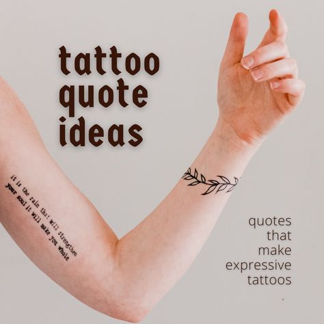 A selection of fifty of the best tattoo quotes out there to use as inspiration for your next tattoo project. Family Tattoo Quotes Meaningful, Beautiful Words To Get Tattooed, Women Quote Tattoos Inspiration, Brave Quote Tattoo, Small Tattoo Bible Verse, Unique Tattoo Sayings, Quotes On Strength Motivation, Best Tattoo Sayings, When There Is A Will There Is A Way Tattoo