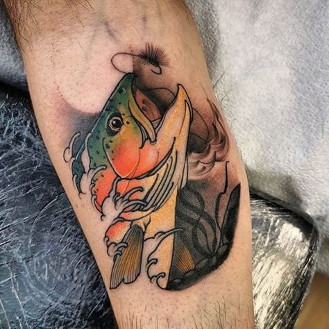 Trout Tattoo, Outdoor Tattoo, Shadow Tattoo, Traditional Tattoo Designs, Z Tattoo, Fish Artwork, Brook Trout, American Tattoos, Fish Tattoo