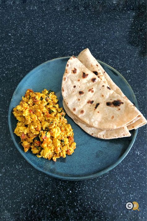 Paneer bhurji and chapattis on a blue plate Work From Home Meals, Paneer Bhurji, Grilled Paneer, Tomato Gravy, Home Meals, Dried Mangoes, Paneer Recipes, Grilled Sandwich, The Onion