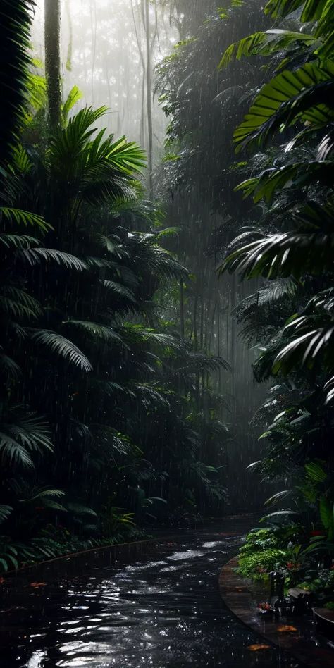 The image is a tall, narrow, vertical rectangle. It is a photo of a rainforest. The rainforest is very dense and green. The trees are tall and the leaves are large and lush. The ground is covered in plants. There is a river running through the middle of the rainforest. The river is wide and slow-moving. The water is clear and green. There is a small waterfall in the background. The waterfall is hidden by the trees. The rainforest is very quiet and peaceful. The only sound is the sound of the river flowing. Rainforest Aesthetic, Vietnam Jungle, Heroes Theme, Jungle Waterfall, Rainy River, Fav Flower, Nature Reference, Rain Aesthetic, Amazon Forest