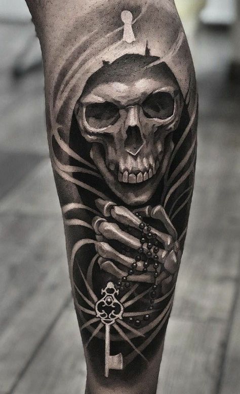 Grim Reaper Tattoos, Aztec Tattoos Sleeve, Evil Skull Tattoo, Grim Reaper Tattoo, Mexican Art Tattoos, Skull Sleeve Tattoos, Reaper Tattoo, Skull Sleeve, Skull Art Drawing