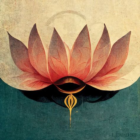 a digital painting of a central abstract lotus form with pink petals and some bright gold details, on a background that is pale gold on top and teal on the bottom. The separation between teal and gold suggests the lotus is resting on the surface of water in an abstract way. Angel Couple, Indian Journal, Spiritual Witch, Lotus Petal, Buddhist Mantra, Love Angel, Om Mani Padme Hum, Cartoon Painting, Pink Lotus