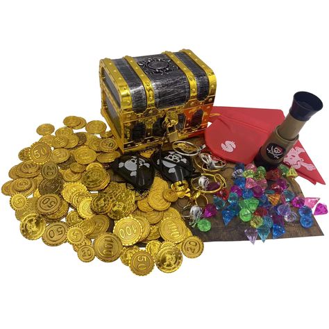 PRICES MAY VARY. 👉【High-quality Materials】Treasure chest with advanced plating technology on the surface,smoth,durable,no color fading.Compliant with children's toy standards,has passed relevant US certifications, including ASTM, EN71, CPSIA. 👉【Various Pirate Props】Pirate chest party favors sets with 1 treasure chest box,1 lock and 2 key,50 colorful gems,100 gold pirates coins,1 Treasure Map,2 pirate eye patch,1 telescope,1 moneybag,1 pirate shawl,4 rings,4 skull earrings. 👉【Wide Range of Usa Pirate Toys, Treasure Hunt Games, Pirate Jewelry, Treasure Coin, Pirate Decor, Pirate Treasure Chest, Pirate Games, Treasure Jewelry, Skull Gifts