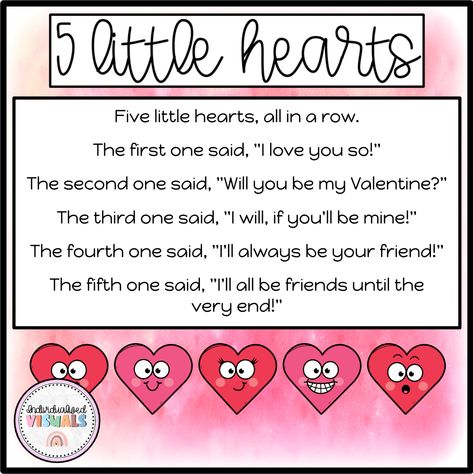 Are you looking for a cute Valentines Day song to include in your special education music class or preschool class? Check out this 5 Little Hearts song! Your students will love following along to this song using the five little hearts adapted book and colouring sheet! Valentines Day Circle Time Activities, Valentines Day Songs For Toddlers, Valentine Songs Preschool, Valentines Circle Time Preschool, Math Rhymes, Shapes Rhymes, Valentines Rhymes, Valentines Preschool, Valentines Day Activity