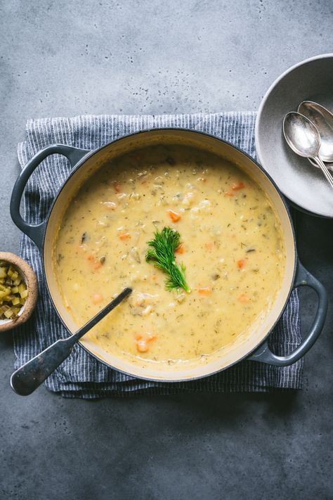 This vegan and gluten free dill pickle and potato soup is next level comfort food! It's creamy, rich, packed with vegetables and a unique recipe perfect for any pickle lover. #picklesoup #dillpicklesoup #dillpickles #picklerecipes #vegansoup #veganrecipes #vegandinner #glutenfree | crowdedkitchen.com Dill Pickle Potato Soup, Pickle Potato Soup, Dill Pickle Soup, Pickle Soup, Dill Pickle Recipe, Crowded Kitchen, Mountain Kitchen, Easy Mashed Potatoes, Pickle Lover