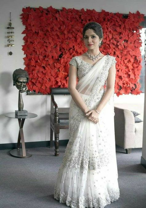 - White Indian Outfit, White Saree Wedding, Wedding Gowns Indian, White Sarees, Saree White, Christian Bridal Saree, Bridal Sari, Half Saree Lehenga, Indian Bridal Sarees