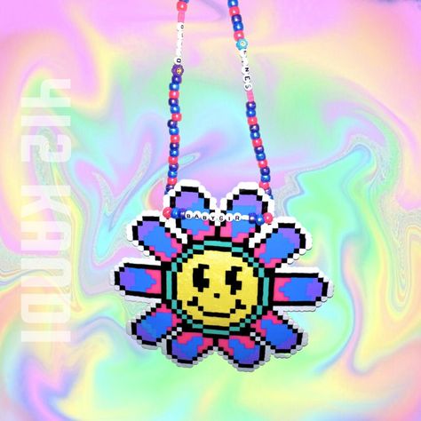 UNIQUE 412 KANDI DESIGN Disco Lines Babygirl inspired Perler Kandi Necklace  Fully customizable by request Large perler: about 6"x6" Handmade to order Chappell Roan Perler Bead, Rave Crafts, Rave Perler, Kandi Necklace, Kandi Inspo, Kandi Ideas, Perler Ideas, Beads Ideas, Kandi Bracelets