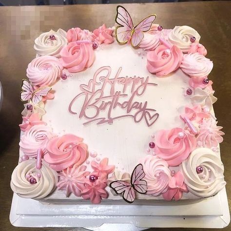 2 Kg Square Cake Design, Pink Flower Sheet Cake, Square Butterfly Cake, Birthday Cake Ideas Rectangle, Butterfly Birthday Sheet Cake, Square Cake Decorating Ideas Simple, Sweet 16 Sheet Cake Ideas, Birthday Cake Square Ideas, Decorating Square Cakes