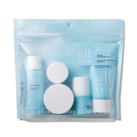 SKINCARE ON THE GO: The e.l.f. Jet Set Hydration Kit contains all of your skincare favourites in a TSA-ready travel-sized kit. The kit includes a Cleanser (30ml), Hydrating Balm (6g), Moisturizer (25ml), Eye Cream (7g) and Night Cream (15g). Hydrating Skincare, Skincare Set, Night Cream, Skin Care Essentials, Face Cleanser, Night Creams, Eye Cream, Facial Cleanser, Jojoba Oil