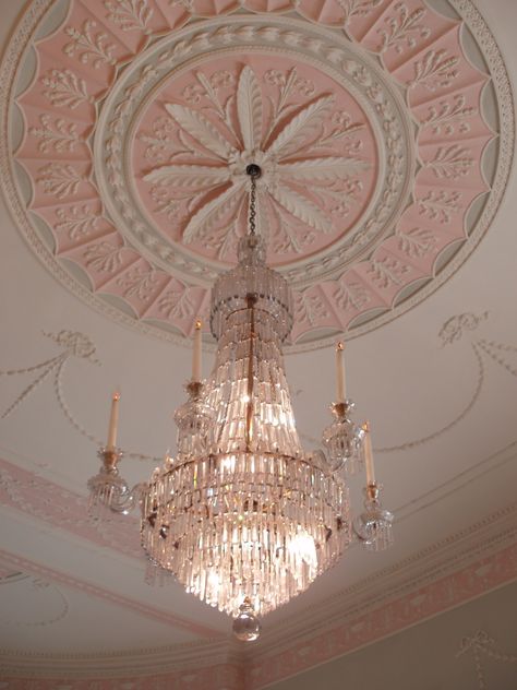 Rose Gold Aesthetic, Pink Chandelier, Pink Cottage, Princess Aesthetic, Ceiling Medallions, Pink Walls, Rococo, Pink Aesthetic, Crystal Chandelier