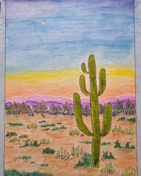 Desert Sunset, Watercolor and Coloring Pencils, 6"×4.5" A closeup of my cactus. I'm enjoying these quick paintings with watercolor pencils along with regular color pencils for the details. The soft colors are very soothing. Supplies: @cansonpaper XL watercolor paper @tombowusa mechanical pencil ForCOLOR Plastic eraser @sakuraofamerica Micron pens #005 and #01 Cool Gray @derwentart_us Inktense watercolor pencils @staedtler watercolor pencils @winsorandnewton and others color pencils N... Color Pencil Sunset, Sunset Watercolor Painting, Cactus Sunset, Painting Moon, Sunset Desert, Sunset Watercolor, Micron Pens, Coloring Pencils, Colorful Mountains