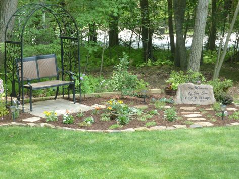 Our memorial garden for our son, featuring a custom made stone. Small Memorial Garden Ideas, Memory Garden, Memorial Gardens, Romantic Backyard, Pet Memorial Garden, Church Anniversary, Prayer Garden, Memorial Benches, Pet Cemetery