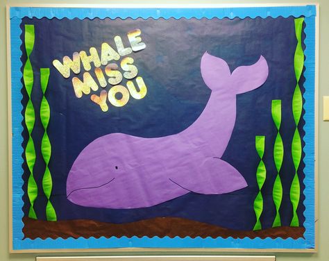 Whale miss you. Preschool bulletin board. End of the year bulletin board ideas. Whale Bulletin Board, Summer Bulletin Board Ideas, Preschool Bulletin Board, Summer Bulletin Board, Preschool Ocean, Ocean Classroom, Summer Bulletin Boards, Whale Theme, Ra Boards