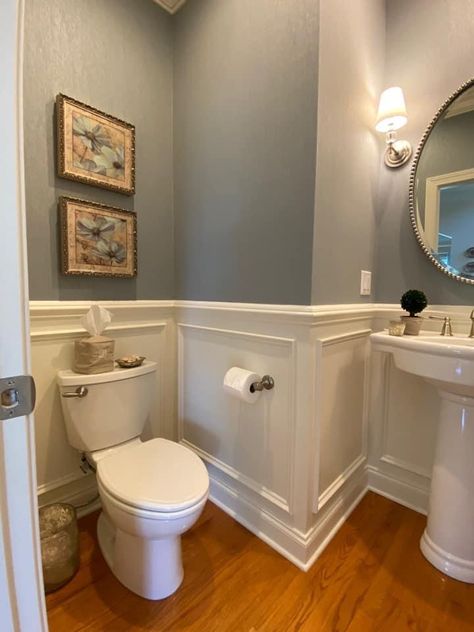 Half Bath Chair Rail, Half Bath Wainscoting Ideas, Half Bath Wainscoting, Chair Rail Bathroom, Small Bathroom Panelling, Bathroom Wainscotting, Small Half Bath, Small Bathroom Wallpaper, Small Full Bathroom