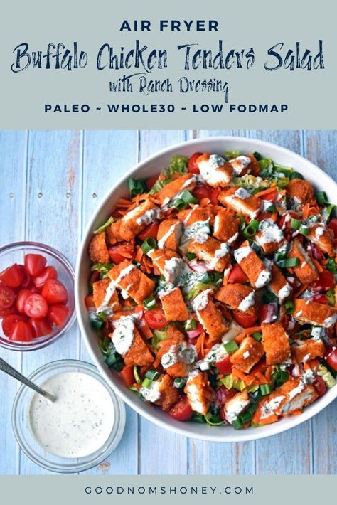 Buffalo Chicken Tender Salad, Low Fodmap Air Fryer Recipes, Low Fodmap Dressing, Low Fodmap Air Fryer, Salad Low Fodmap, Air Fryer Buffalo Chicken Tenders, Low Fodmap Salad, Fodmap Salad, Whole30 Salad