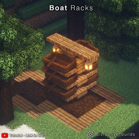 Boat Design Minecraft, Minecraft Boat Storage, Boat Deck Minecraft, Porch Ideas Minecraft, Modern Minecraft Village, Minecraft Interior Design Ideas Bedrooms, Boat Racks Minecraft, Minecraft Dock Decoration, Minecraft House Inspo Cottagecore