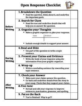 Provide students with the included checklist and graphic organizer to guide their writing of open response/short answer questions. Can be used with test questions, comprehension questions, reader's response questions, etc. After several practice sessions leading up to a standardized test, students w... Extended Response Writing, Cer Writing, Readers Response, Word Problem Strategies, Constructed Response, Third Grade Writing, 5th Grade Writing, Writing Support, 3rd Grade Writing