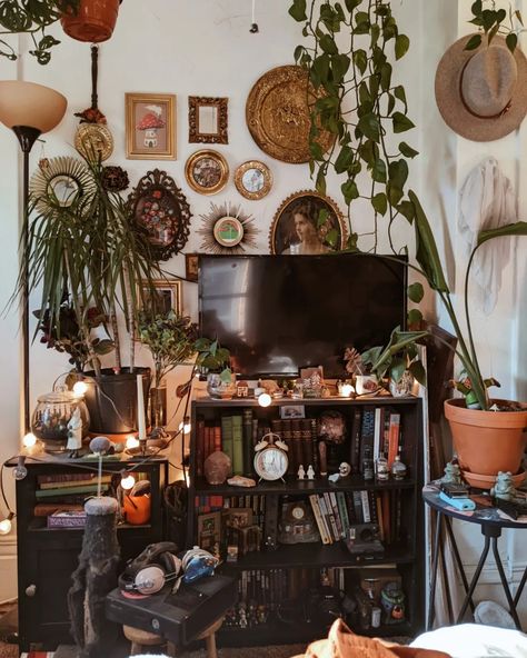 A photo of a bookshelf filled with books and little objects. A gallery wall is shown behind it with a few plants scattered throughout. Dark Boho Bookshelf, Boho Photo Gallery Wall, Maximalist Bookshelf Styling, Whimsigoth Bookshelf, Maximalist Shelf Decor, Vintage Apartment Decor Ideas, Maximalist Bookshelf, Intentional Clutter, Old Furniture In Modern Home