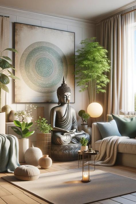 Zen House Decor Living Room, Zen Space Room Ideas, Buddha Corner Decor, Zen Meditation Room Ideas, Buddha Decor Ideas, Buddha Room Design, Tranquility Aesthetic, Buddha Room, Meditation Room Ideas