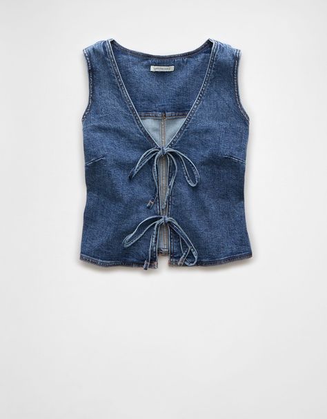 AE Denim Bow Tie Vest Denim Vest Pattern Sewing, Denim Tie Top, Fitted Denim Vest, Fun Clothes Aesthetic, Zara Denim Top, Denim Vest Diy, Denim Tops Women, Denim Outfits For Women, Denim Top Outfit