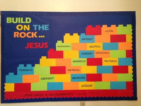 Biblical Character; Building on our Foundation - Jesus. Finally got the Sunday School Bulletin Board for the new series. Building Blocks Bulletin Board Ideas, Biblical Bulletin Board Ideas, Biblical Classroom Themes, Sunday School Bulletin Boards, Sunday School Classroom Ideas, Sunday School Bulletin Board Ideas, Sunday School Room Ideas, Lego Bulletin Board, Lego Classroom Theme