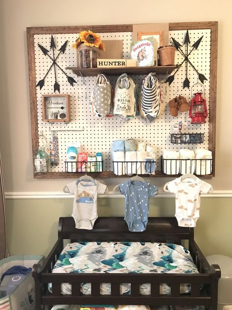 Pegboard In Nursery, Pegboard Nursery Ideas, Pallet Nursery Ideas, Mountain Man Nursery, Tattoo Nursery Theme, Workshop Nursery Theme, Best Nursery Furniture, Jeep Themed Nursery, Garage Theme Nursery